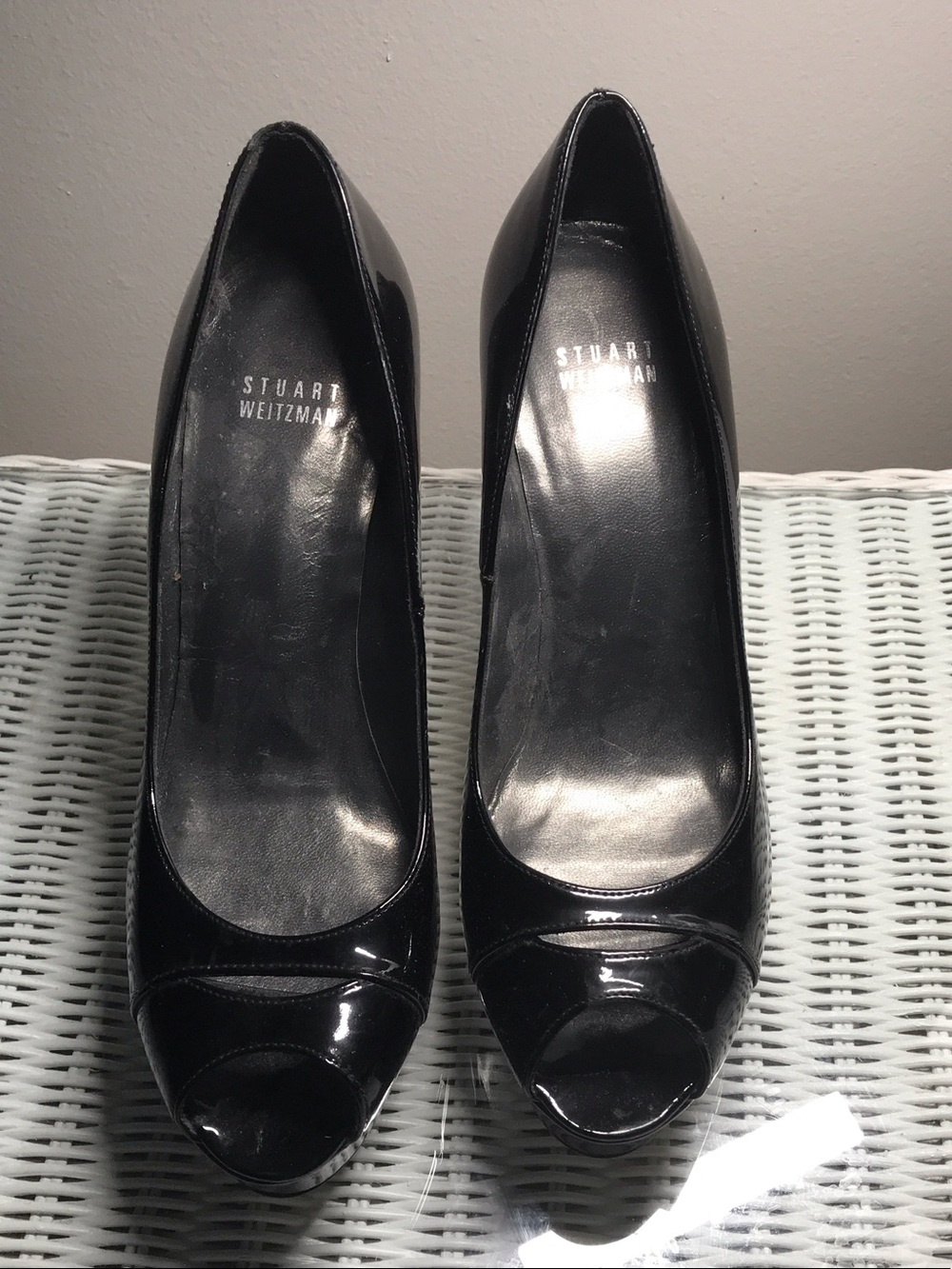 Stuart Weitzman Black Patent 5 Inch Heels Patent Leather Peep-Toe Pumps